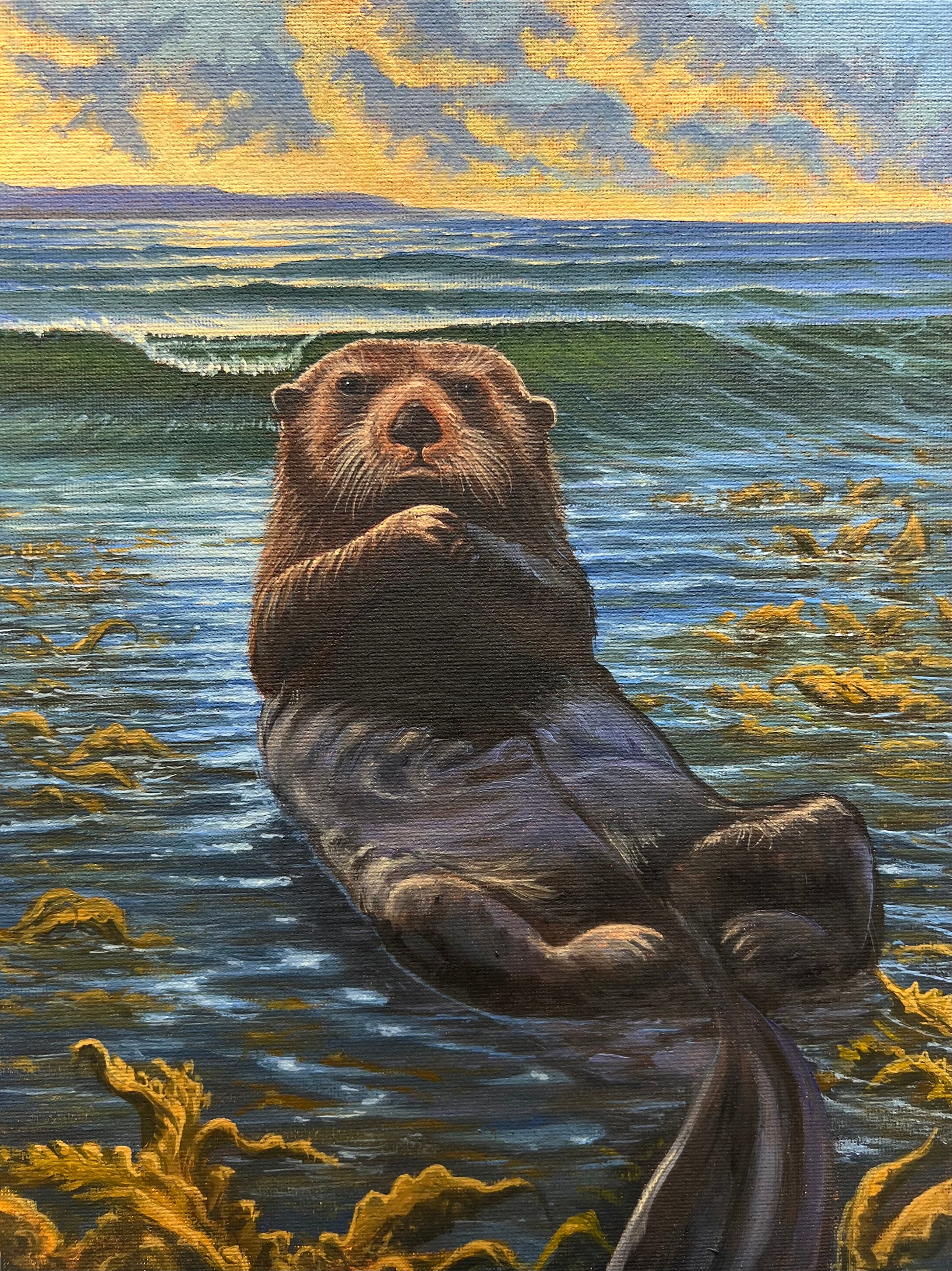 Original 12x9 inch oil painting of an otter in a seascape by Jamas Welch