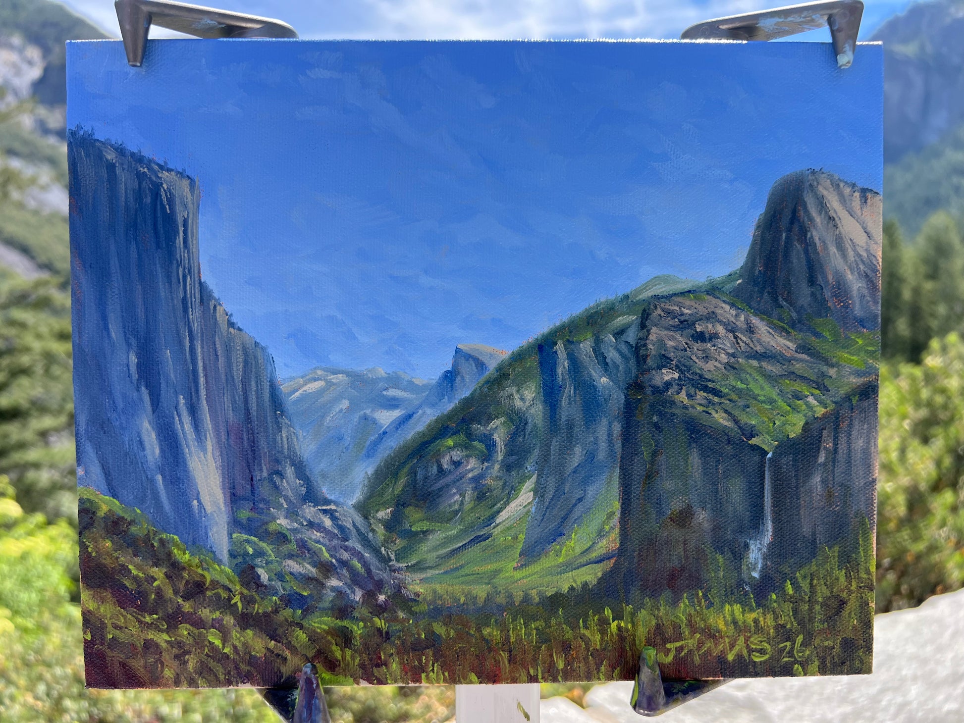 Tunnel View at Noon – original 8x10 oil on canvas panel by Famous Jamas, painted en plein air at Yosemite in June 2026